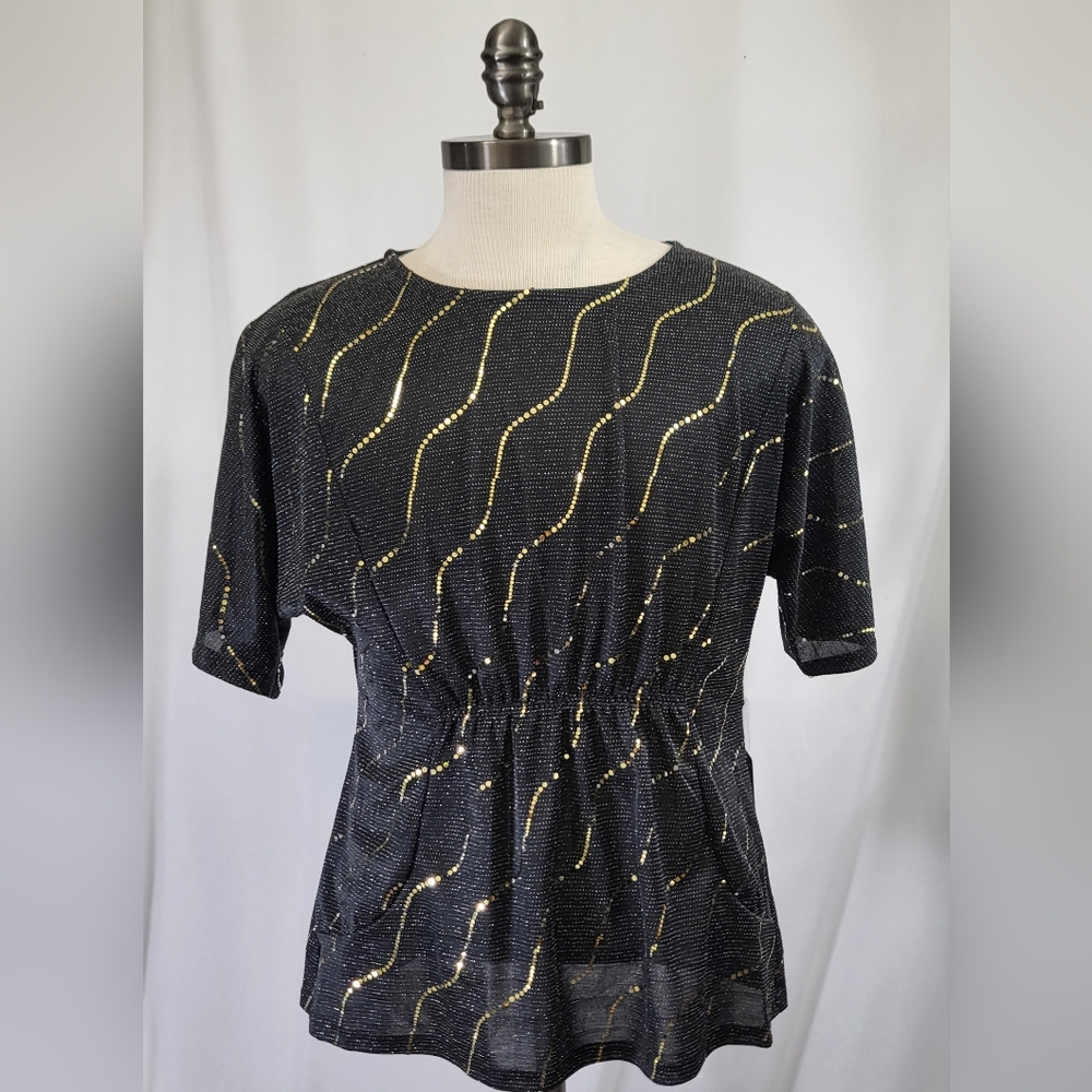 Ana & Rose Black & Gold Sequence Short Sleeve Blouse Size Medium NWT